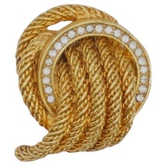 Christian Dior 1970s Vintage Round Hoop Knot Twist Rope Crystals Gold Brooch