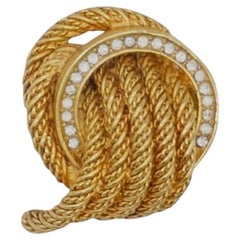 Christian Dior 1970s Vintage Round Hoop Knot Twist Rope Crystals Gold Brooch