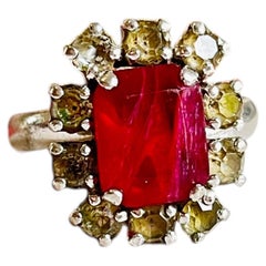 Christian Dior 1970s Vintage Ruby Red Charm Crystals Halo Silver US 7 Ring