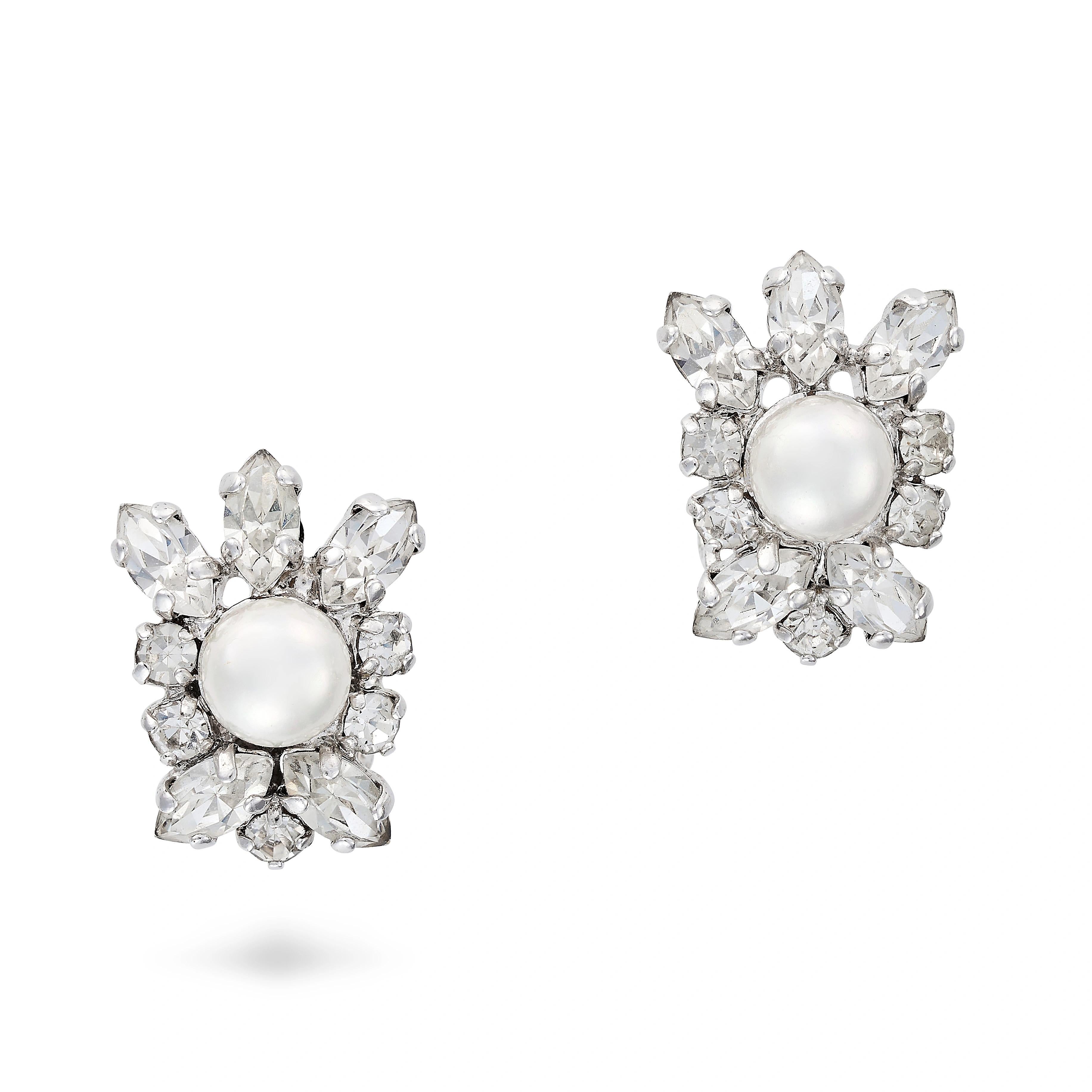 Christian Dior 1970s Vintage Sparkling Crystal White Pearl Flower Clip Earrings For Sale 5