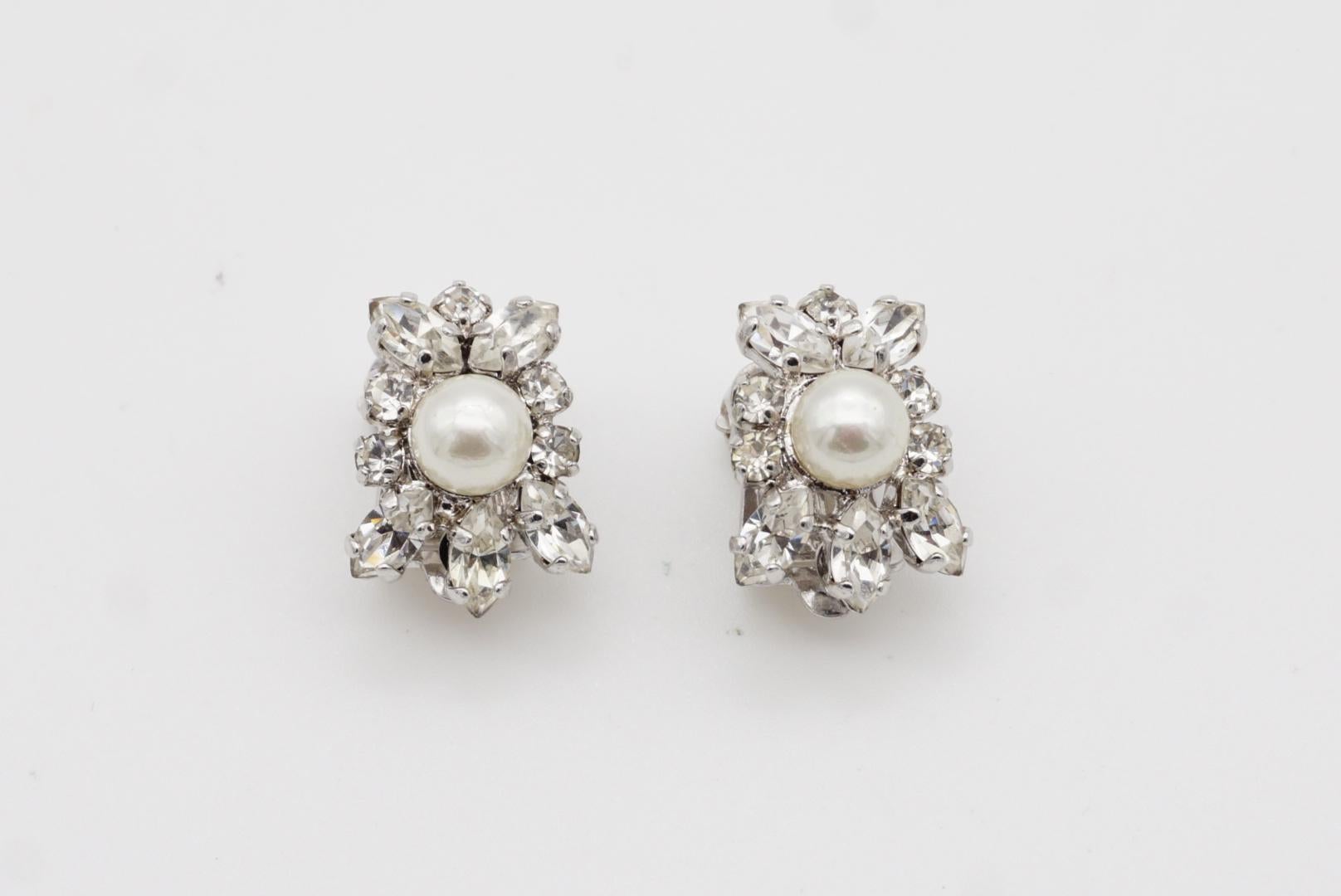 Christian Dior 1970s Vintage Sparkling Crystal White Pearl Flower Clip Earrings For Sale 8