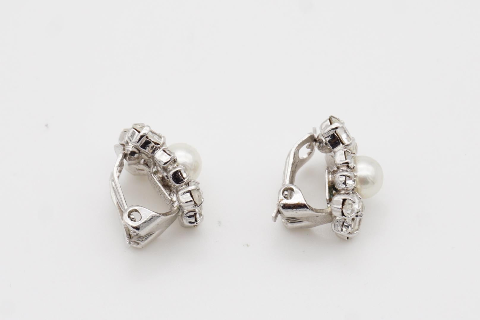 Christian Dior 1970s Vintage Sparkling Crystal White Pearl Flower Clip Earrings For Sale 9