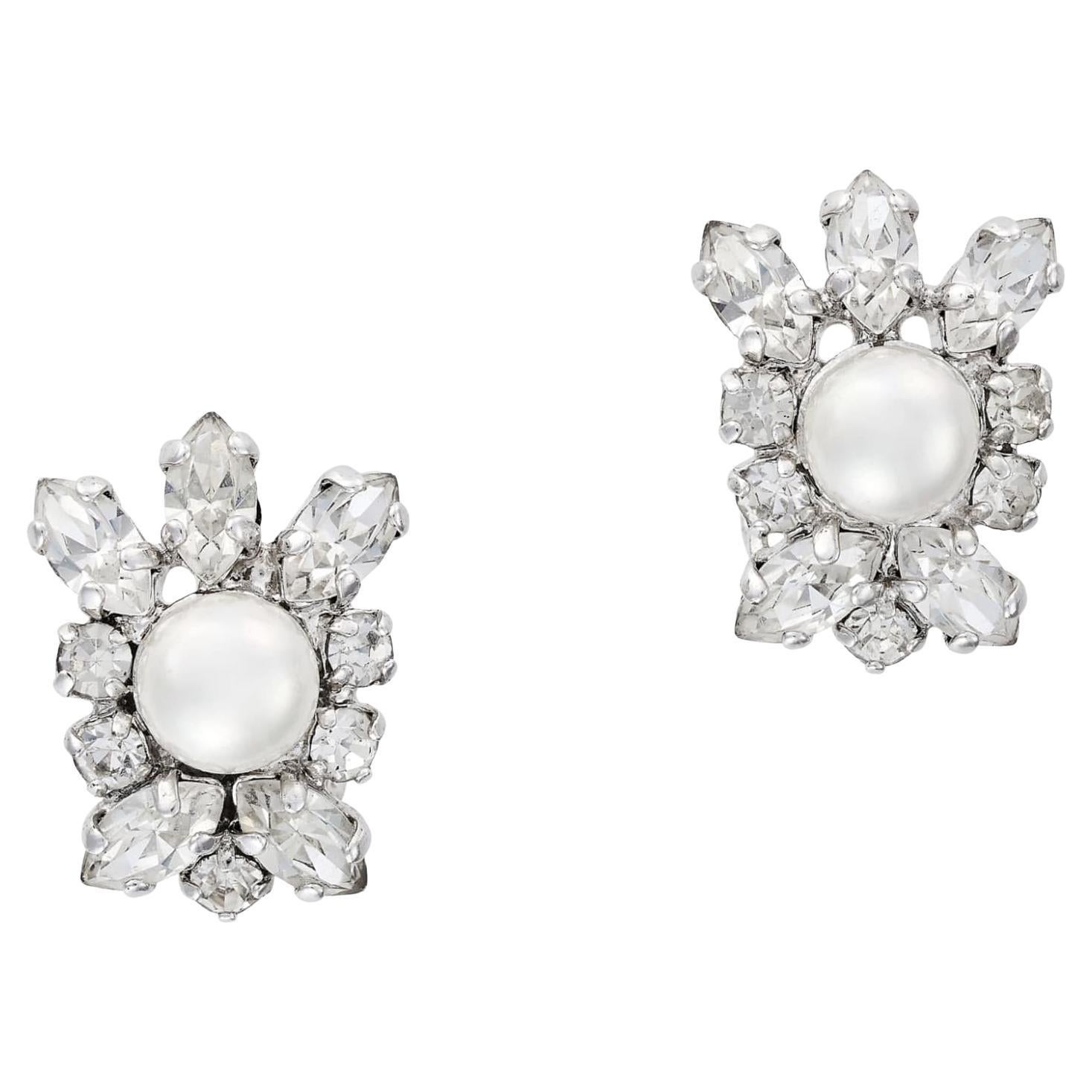 Christian Dior 1970s Vintage Sparkling Crystal White Pearl Flower Clip Earrings For Sale