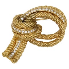 Christian Dior 1970s Vintage Textured Crystals Hoop Knot Twist Rope Gold Brooch