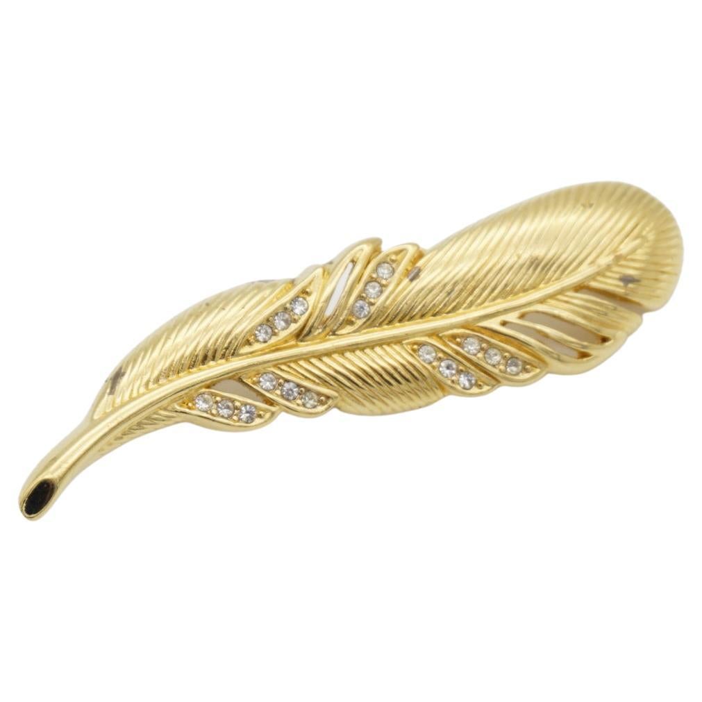 Christian Dior 1970s Vintage Textured Long Feather Leaf Crystals Openwork Brooch For Sale