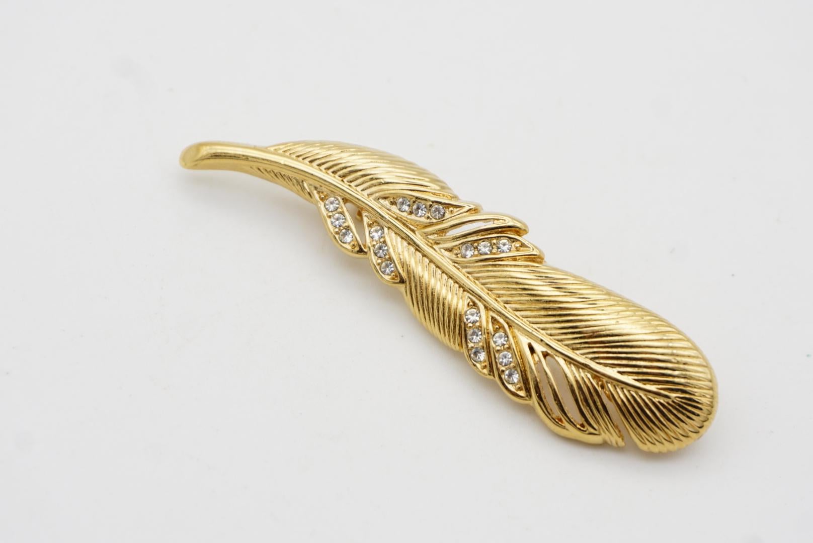 Christian Dior 1970s Vintage Vivid Openwork Feather Leaf Crystals Gold Brooch 5