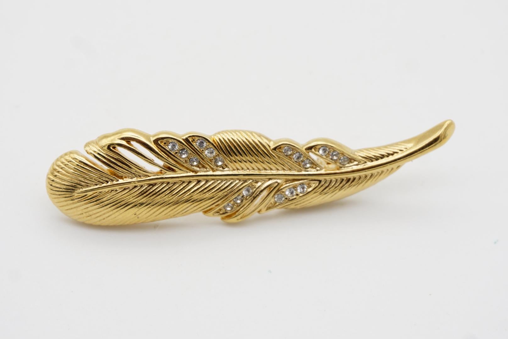 Christian Dior 1970s Vintage Vivid Openwork Feather Leaf Crystals Gold Brooch 6