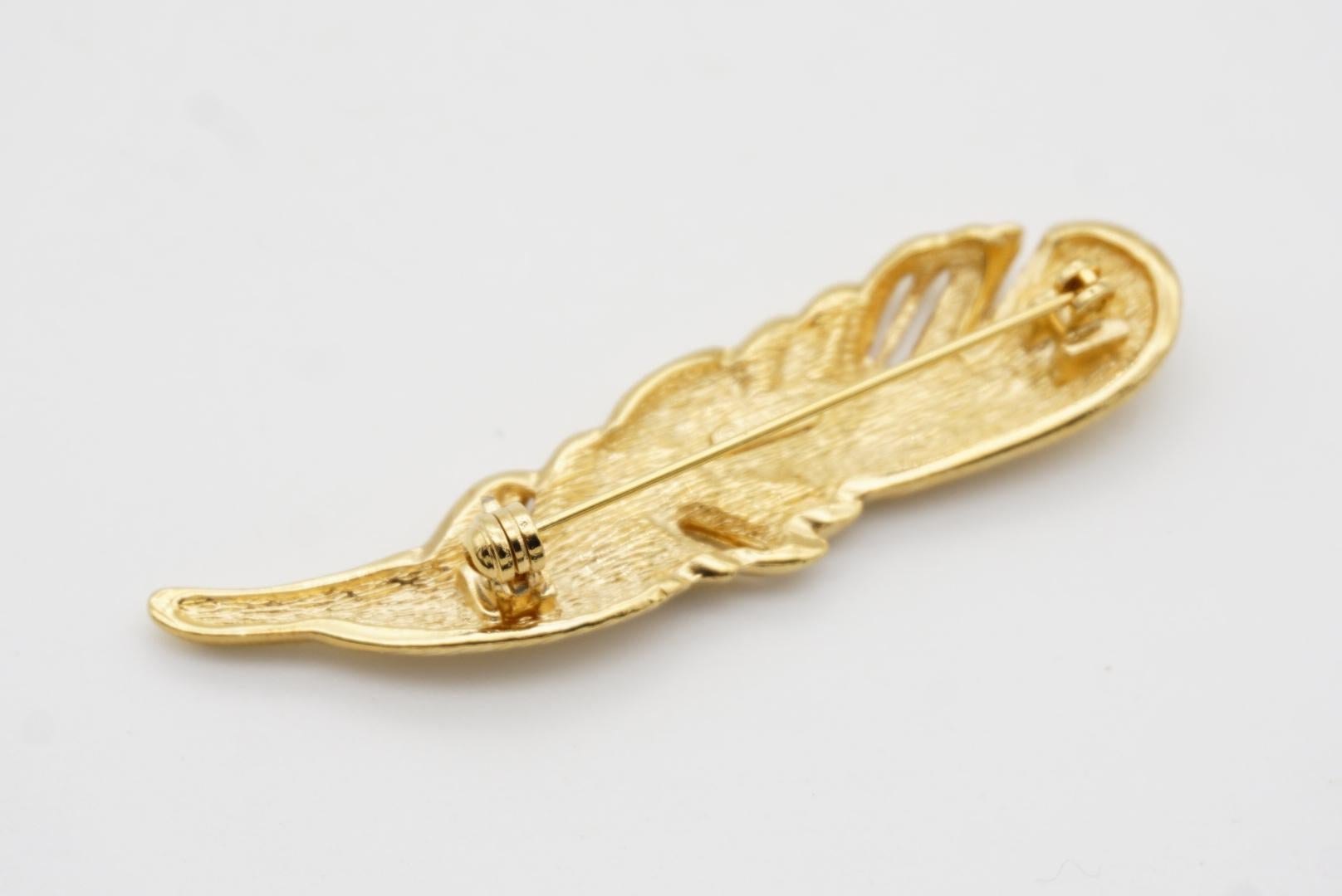 Christian Dior 1970s Vintage Vivid Openwork Feather Leaf Crystals Gold Brooch 7
