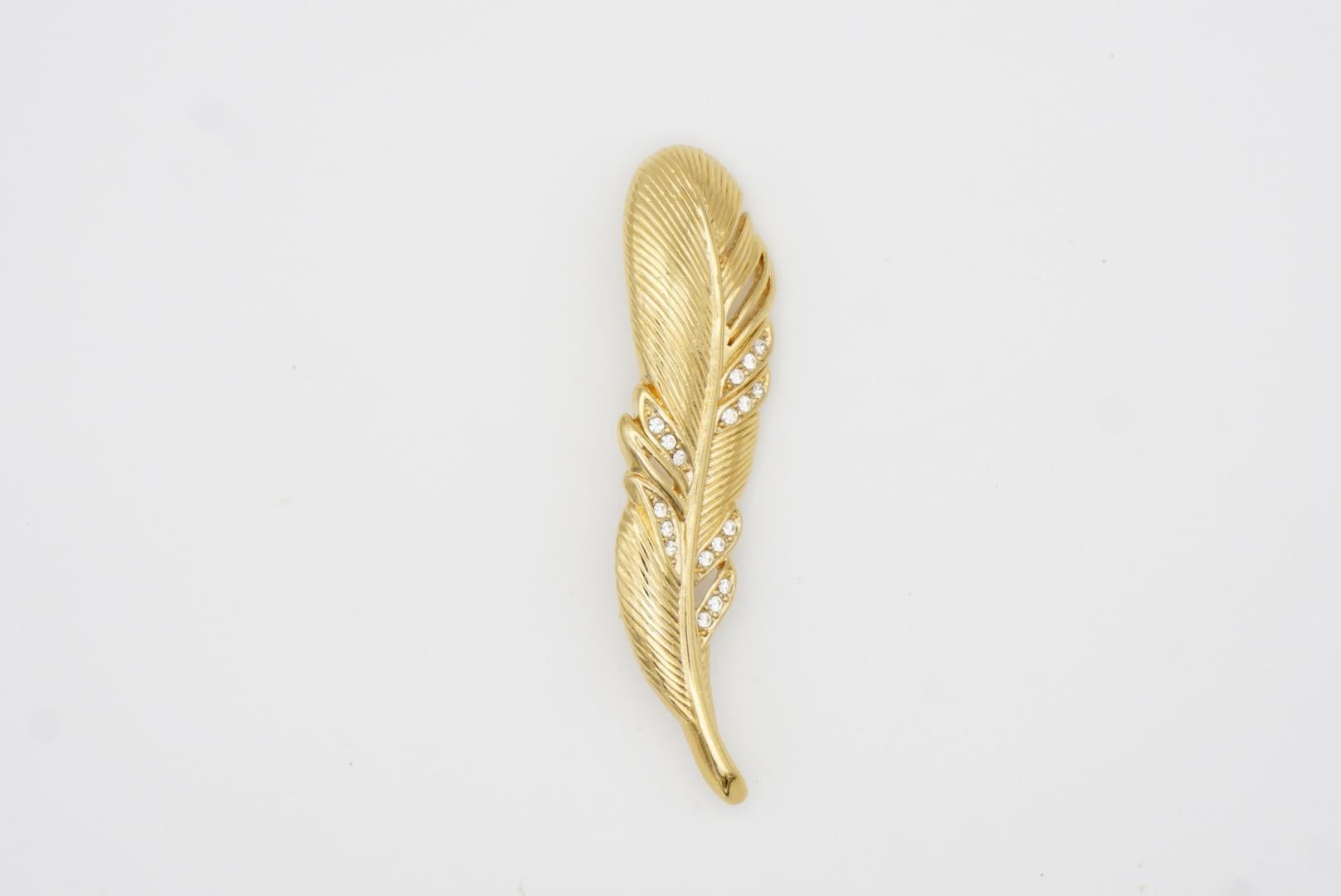 Christian Dior 1970s Vintage Vivid Openwork Feather Leaf Crystals Gold Brooch 4