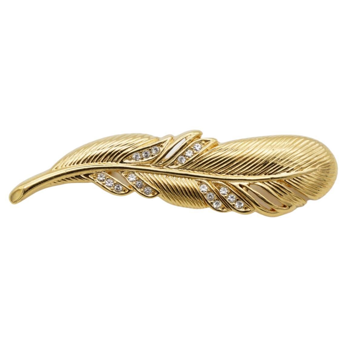 Christian Dior 1970s Vintage Vivid Openwork Feather Leaf Crystals Gold Brooch  For Sale