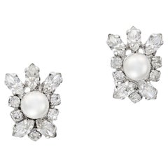 Christian Dior 1970s Vintage White Pearl Sparkling Crystals Flower Clip Earrings