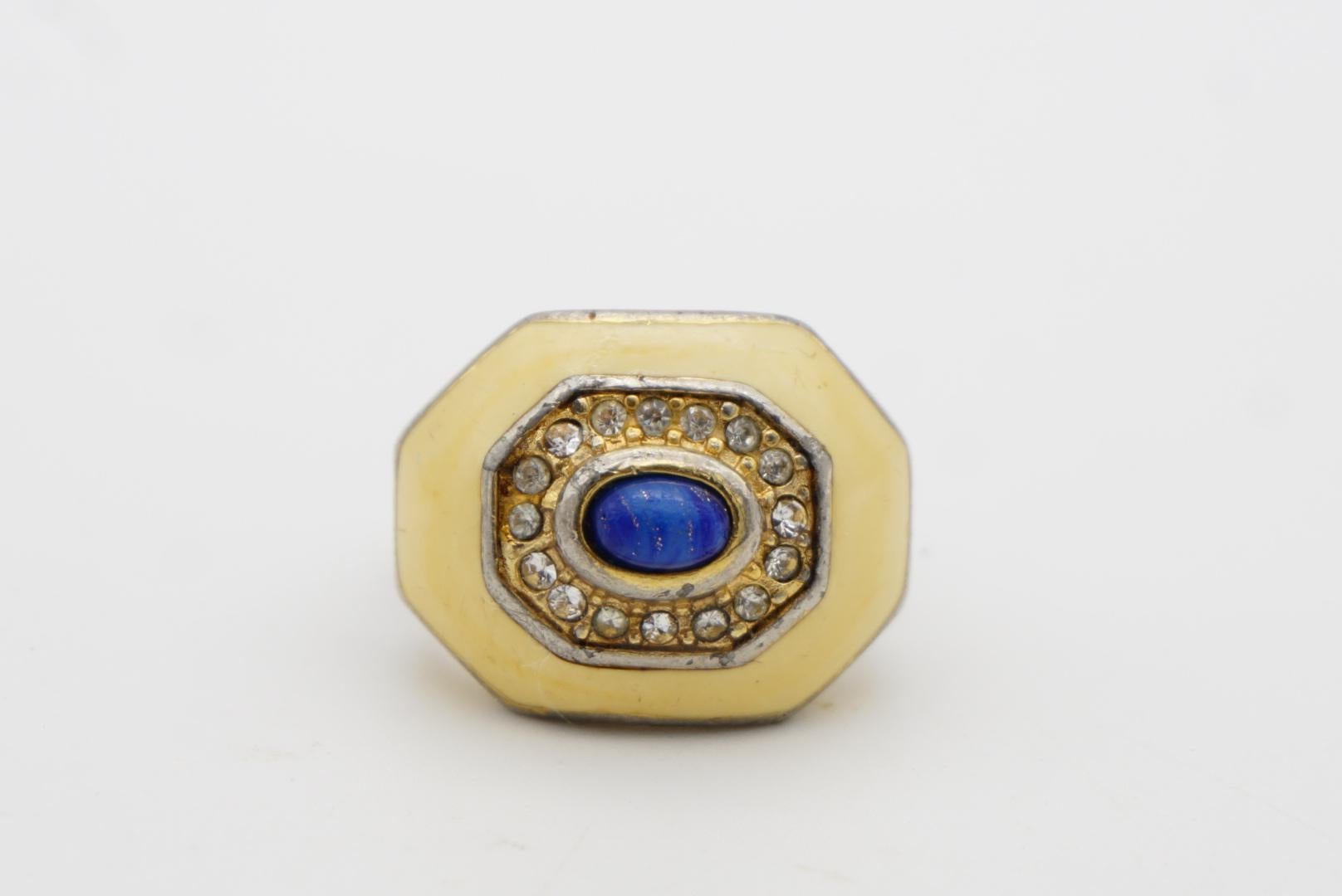 Christian Dior 1970s Vintage Yellow Navy Oval Cabochon Octagon Crystals Ring, 7 For Sale 5