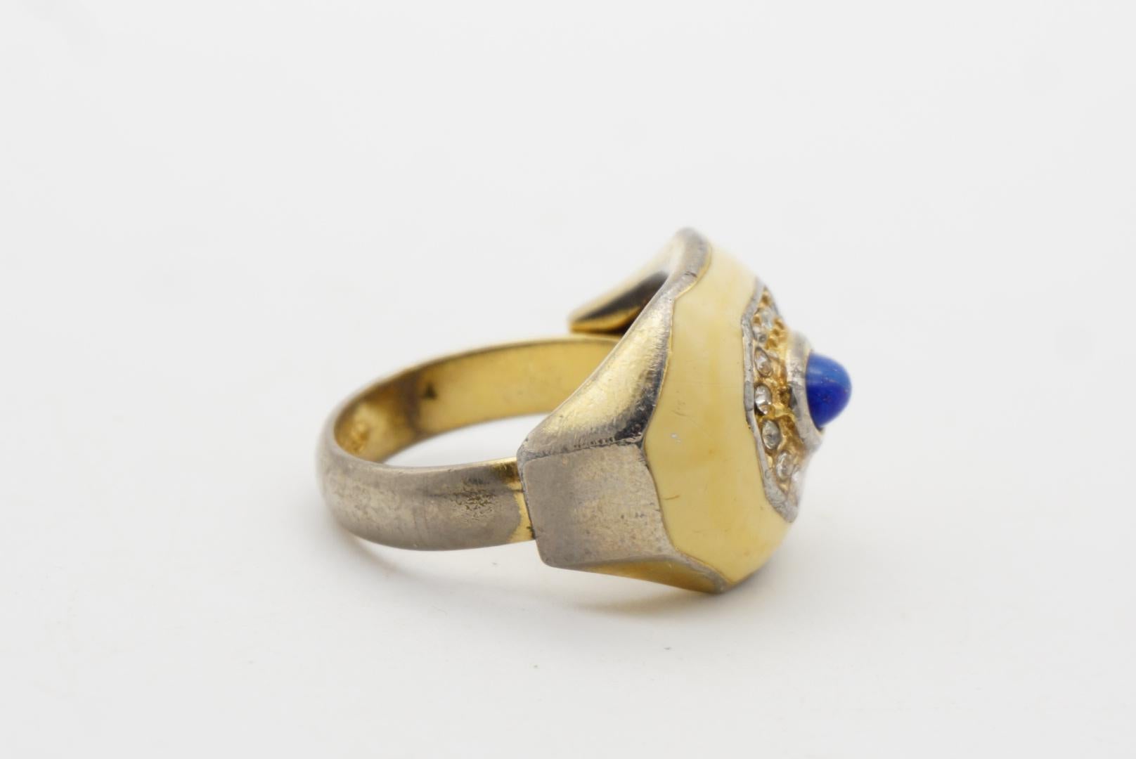 Christian Dior 1970s Vintage Yellow Navy Oval Cabochon Octagon Crystals Ring, 7 7