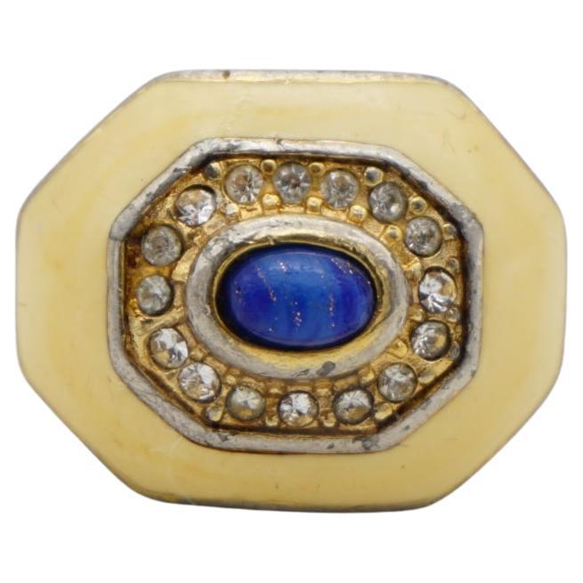 Christian Dior 1970s Vintage Yellow Navy Oval Cabochon Octagon Crystals Ring, 7 For Sale