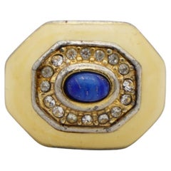 Christian Dior 1970s Vintage Yellow Navy Oval Cabochon Octagon Crystals Ring, 7
