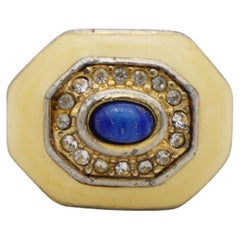 Christian Dior 1970s Vintage Yellow Navy Oval Cabochon Octagon Crystals Ring, 7