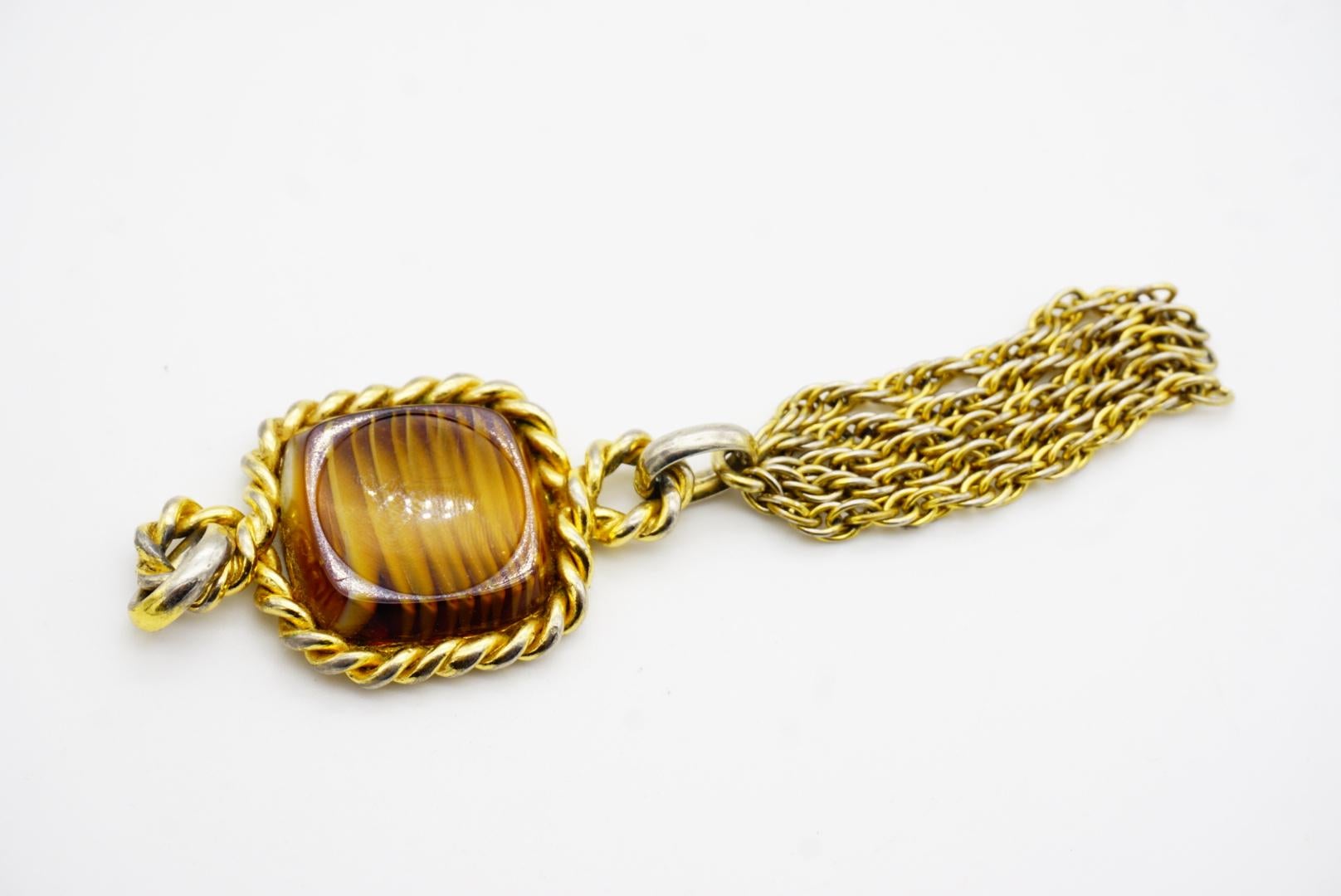 Christian Dior 1973 Vintage Long Square Cube Brown Cabochon Tassel Rope Pendant 5