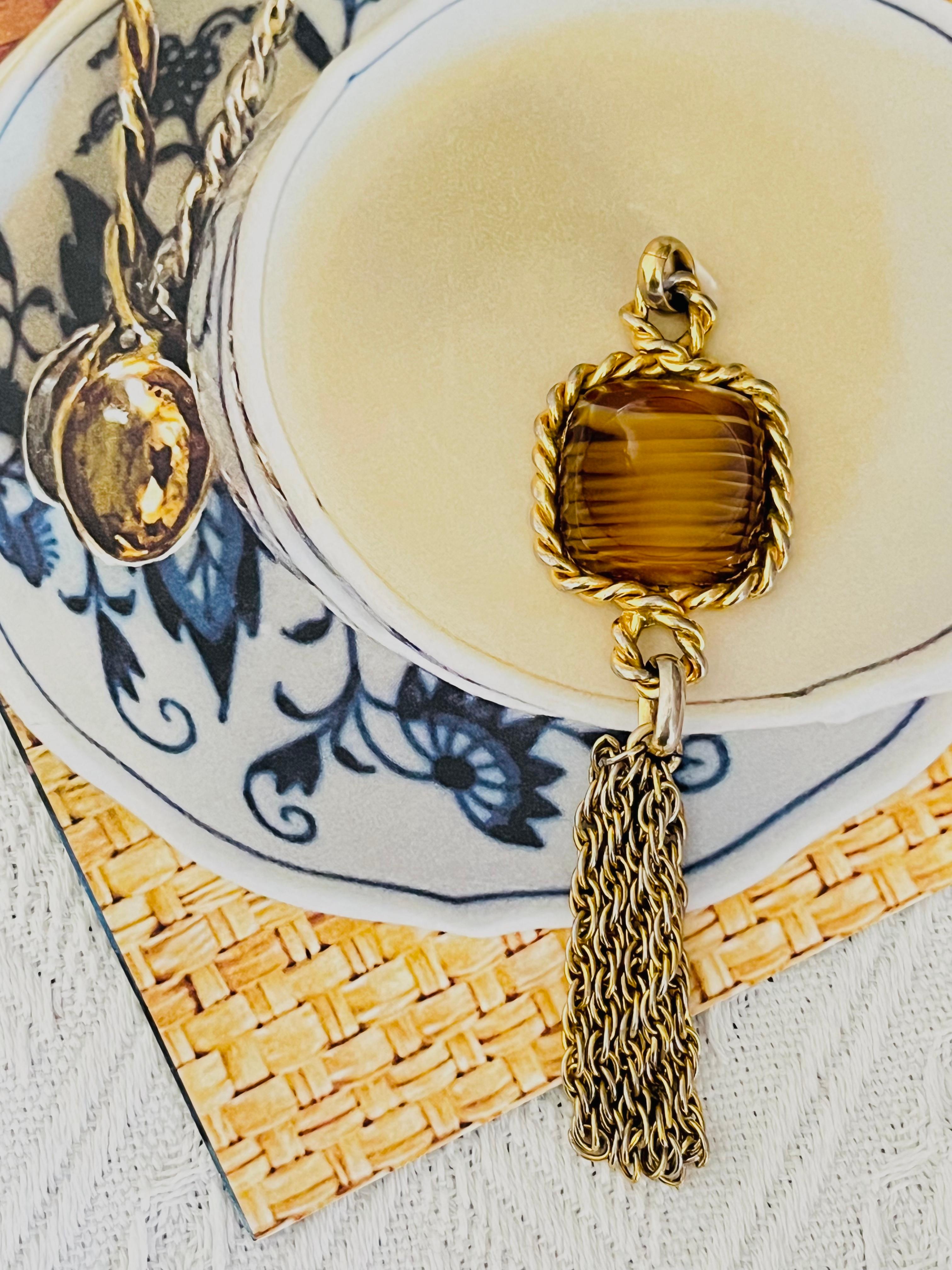 Art Deco Christian Dior 1973 Vintage Long Square Cube Brown Cabochon Tassel Rope Pendant