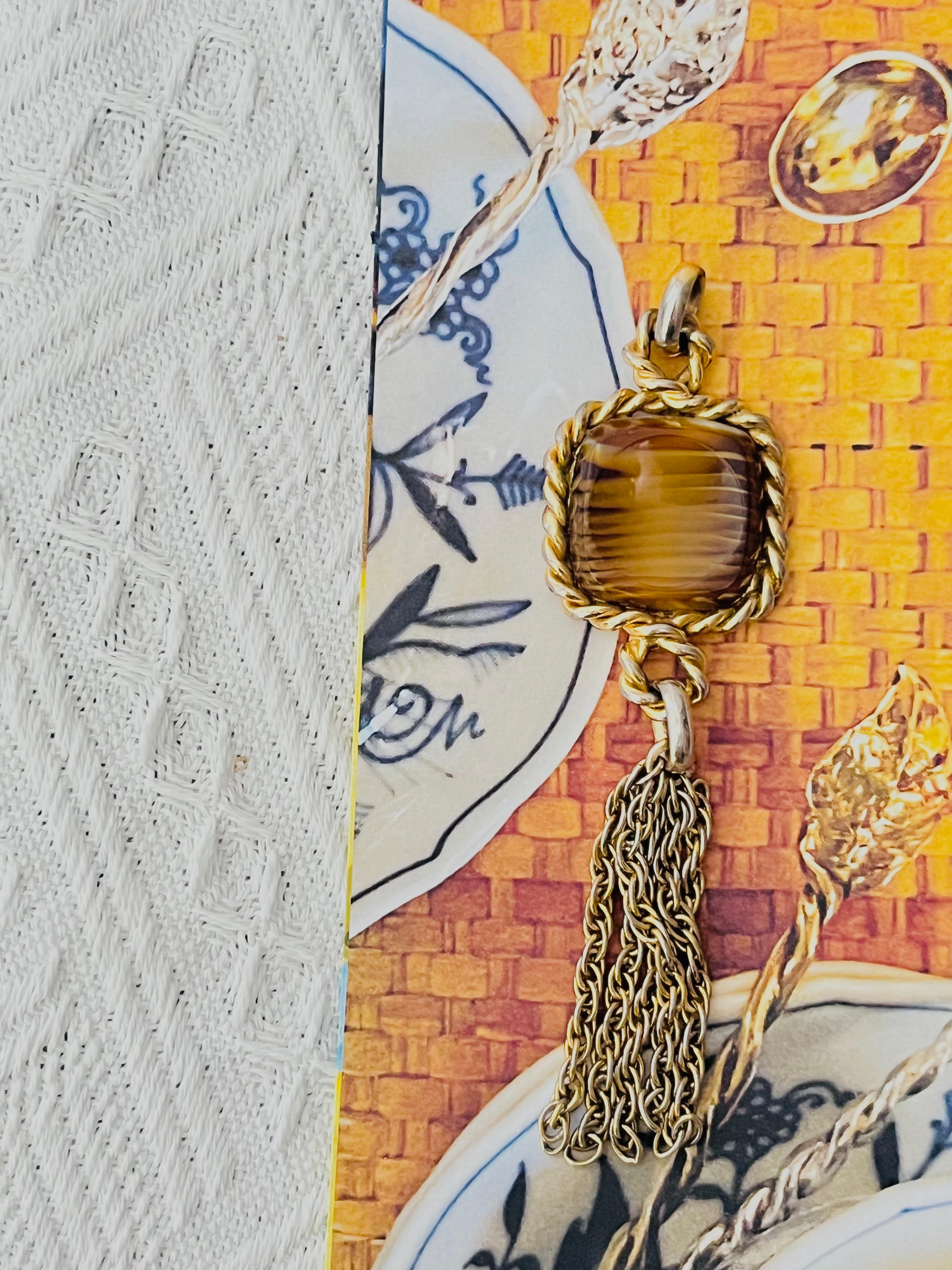 Christian Dior 1973 Vintage Long Square Cube Brown Cabochon Tassel Rope Pendant In Good Condition In Wokingham, England
