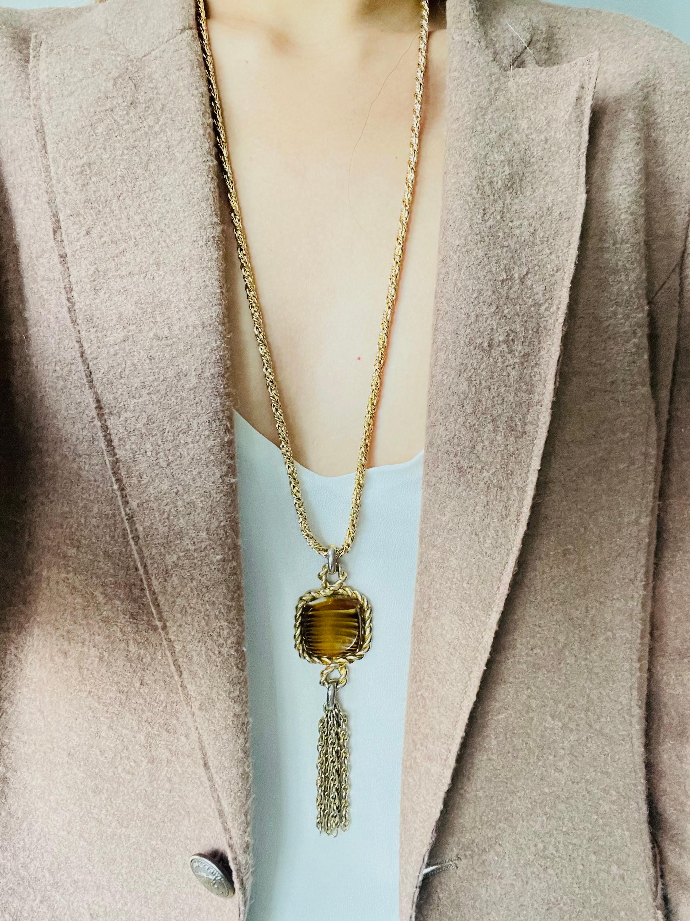 Women's or Men's Christian Dior 1973 Vintage Long Square Cube Brown Cabochon Tassel Rope Pendant