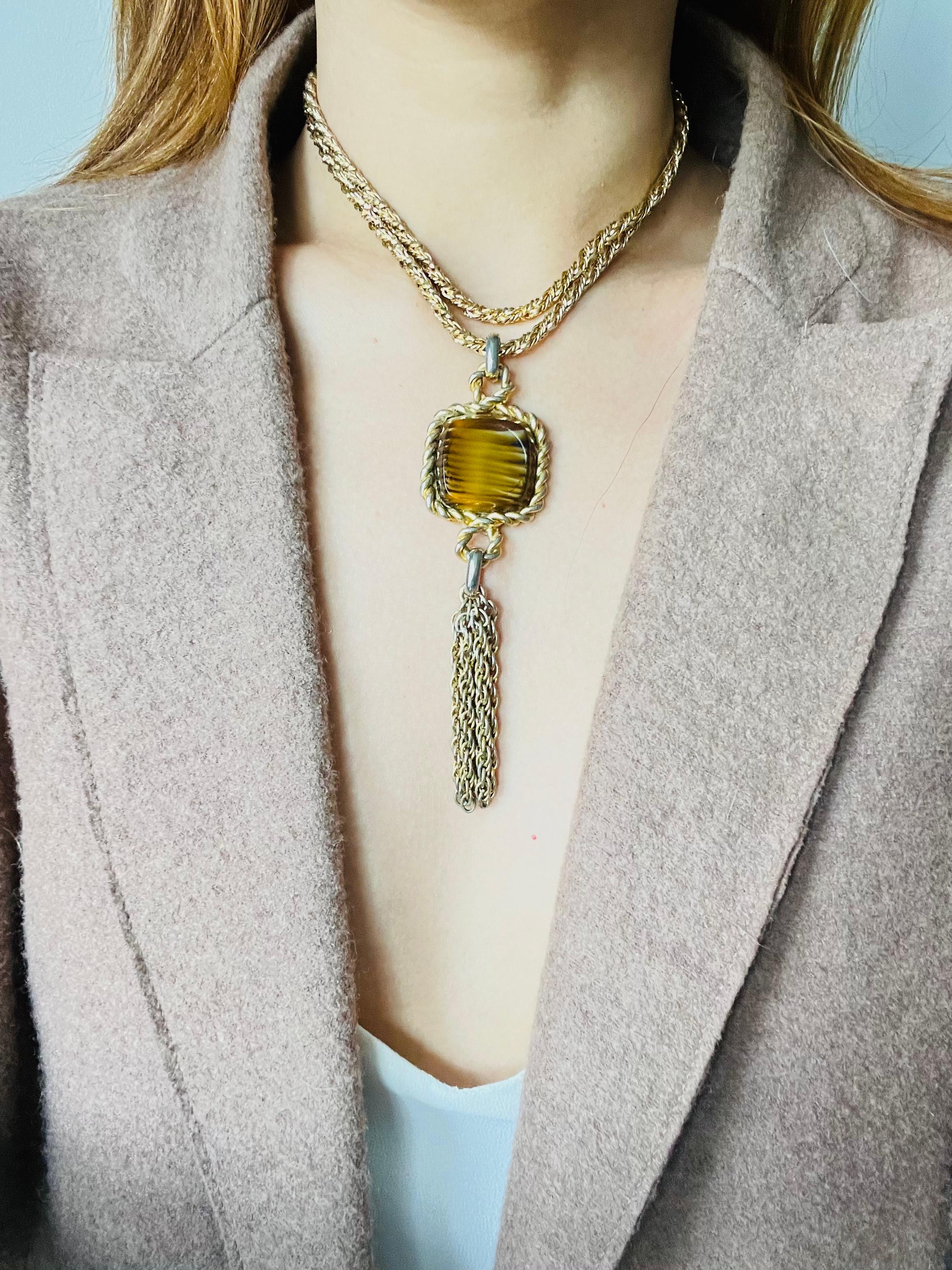 Christian Dior 1973 Vintage Long Square Cube Brown Cabochon Tassel Rope Pendant 1