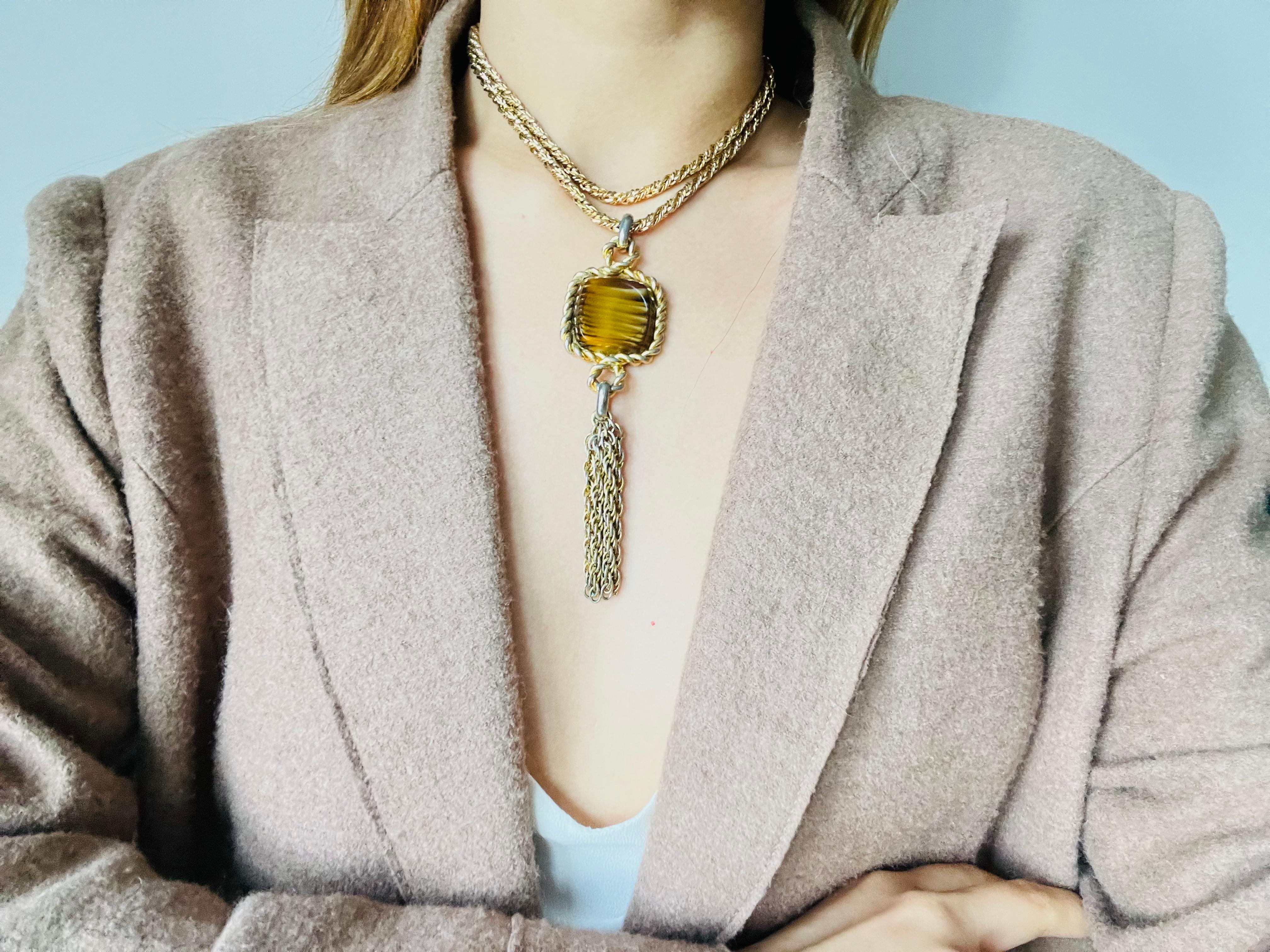 Christian Dior 1973 Vintage Long Square Cube Brown Cabochon Tassel Rope Pendant 2