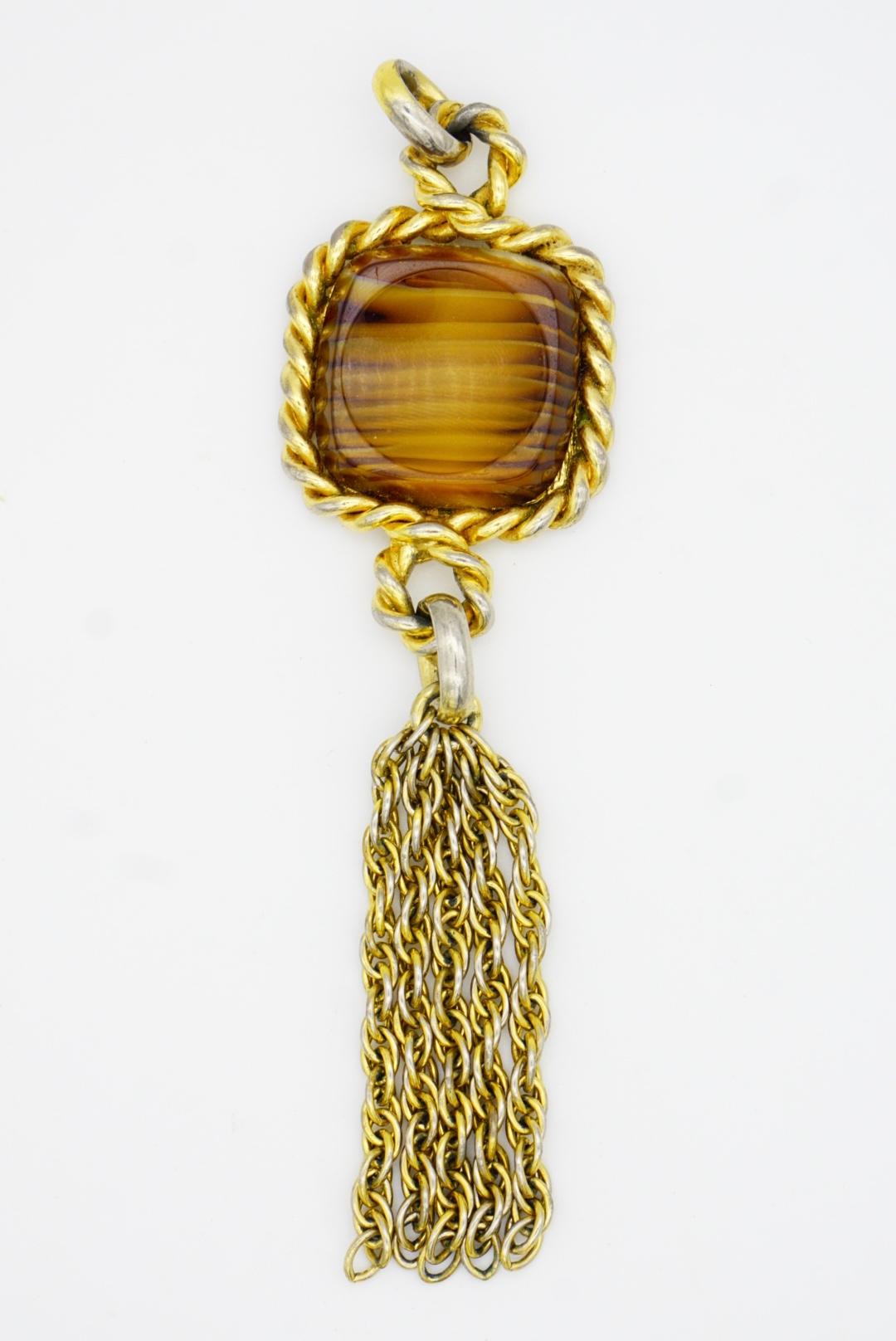 Christian Dior 1973 Vintage Long Square Cube Brown Cabochon Tassel Rope Pendant 3
