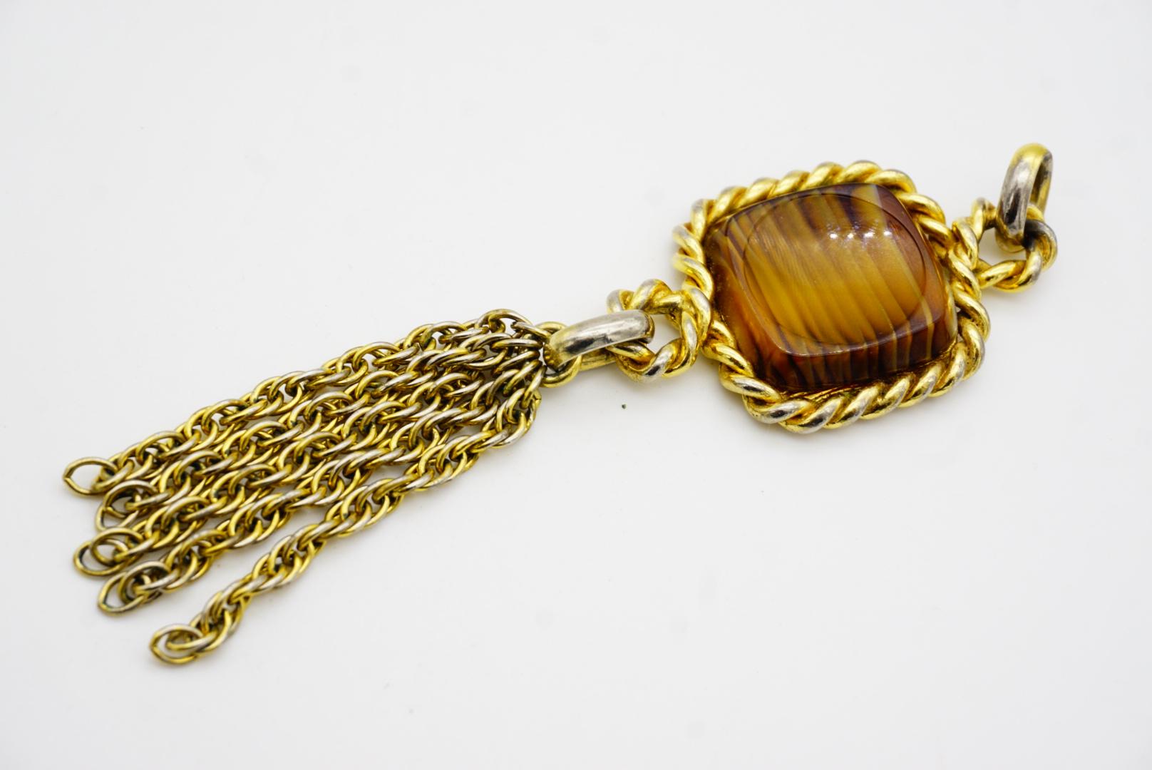 Christian Dior 1973 Vintage Long Square Cube Brown Cabochon Tassel Rope Pendant 4