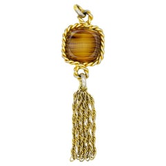 Christian Dior 1973 Vintage Long Square Cube Brown Cabochon Tassel Rope Pendant