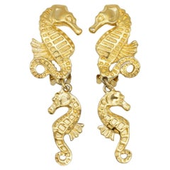 Christian Dior 1977 Vintage Relief Double Seahorse Long Dangle Clip Earrings