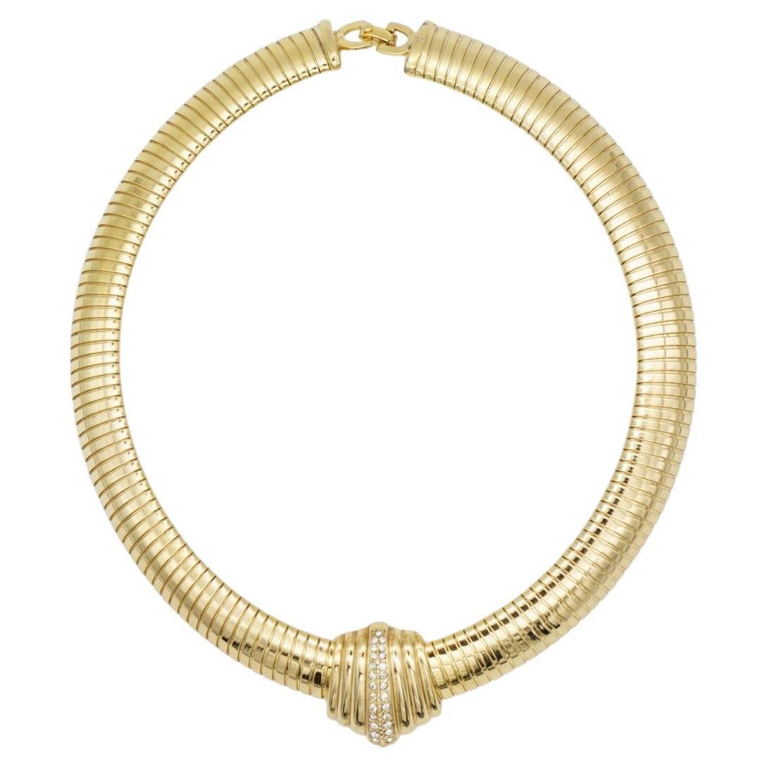 Christian Dior 1980 Vintage Crystals Extra Wide Ribbed Omega Chunky Necklace For Sale