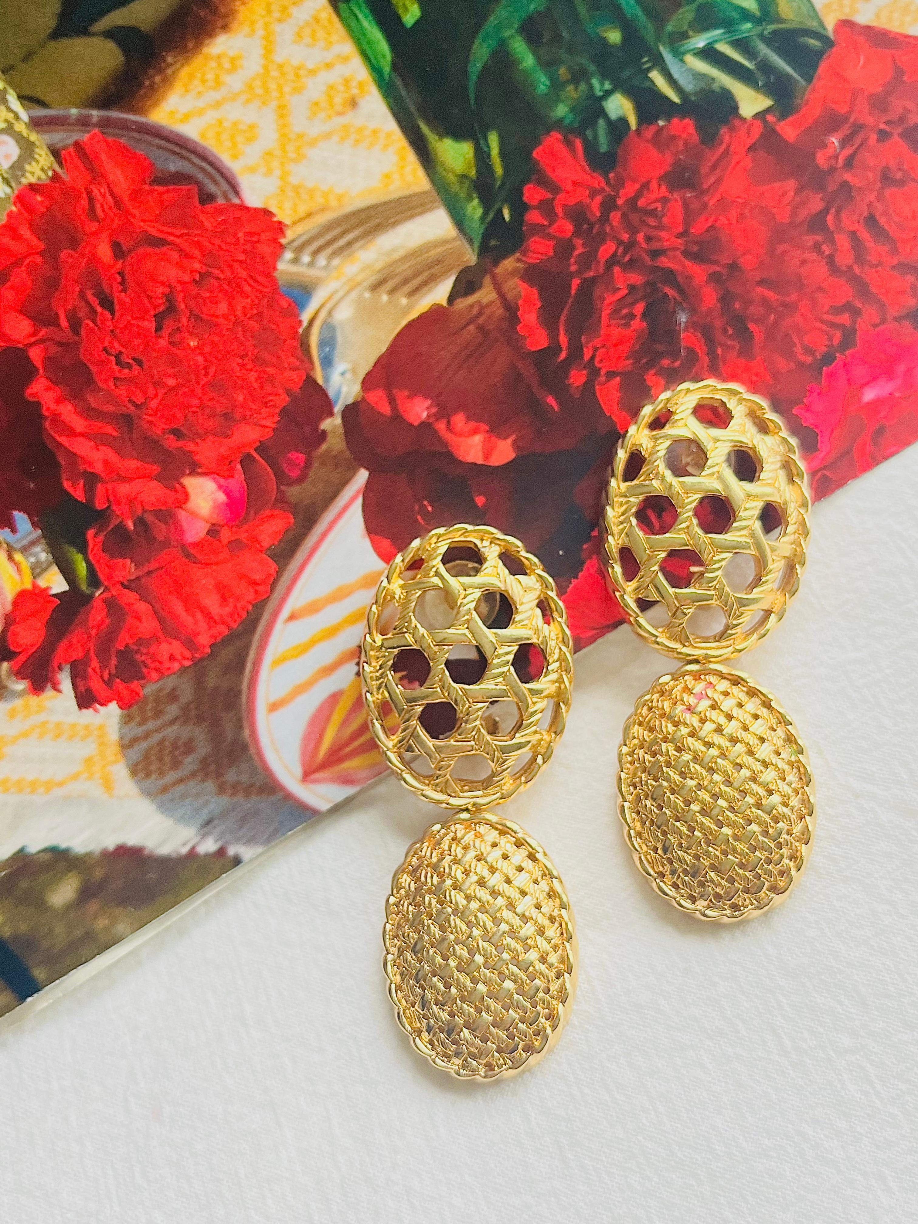 Art Deco Christian Dior 1980 Vintage Double Oval Mesh Openwork Chunky Drop Clip Earrings For Sale