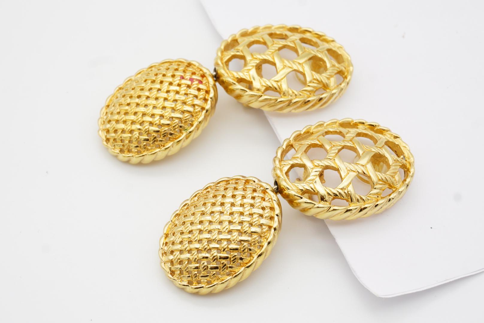 Christian Dior 1980 Vintage Double Oval Mesh Openwork Chunky Drop Clip Earrings For Sale 4