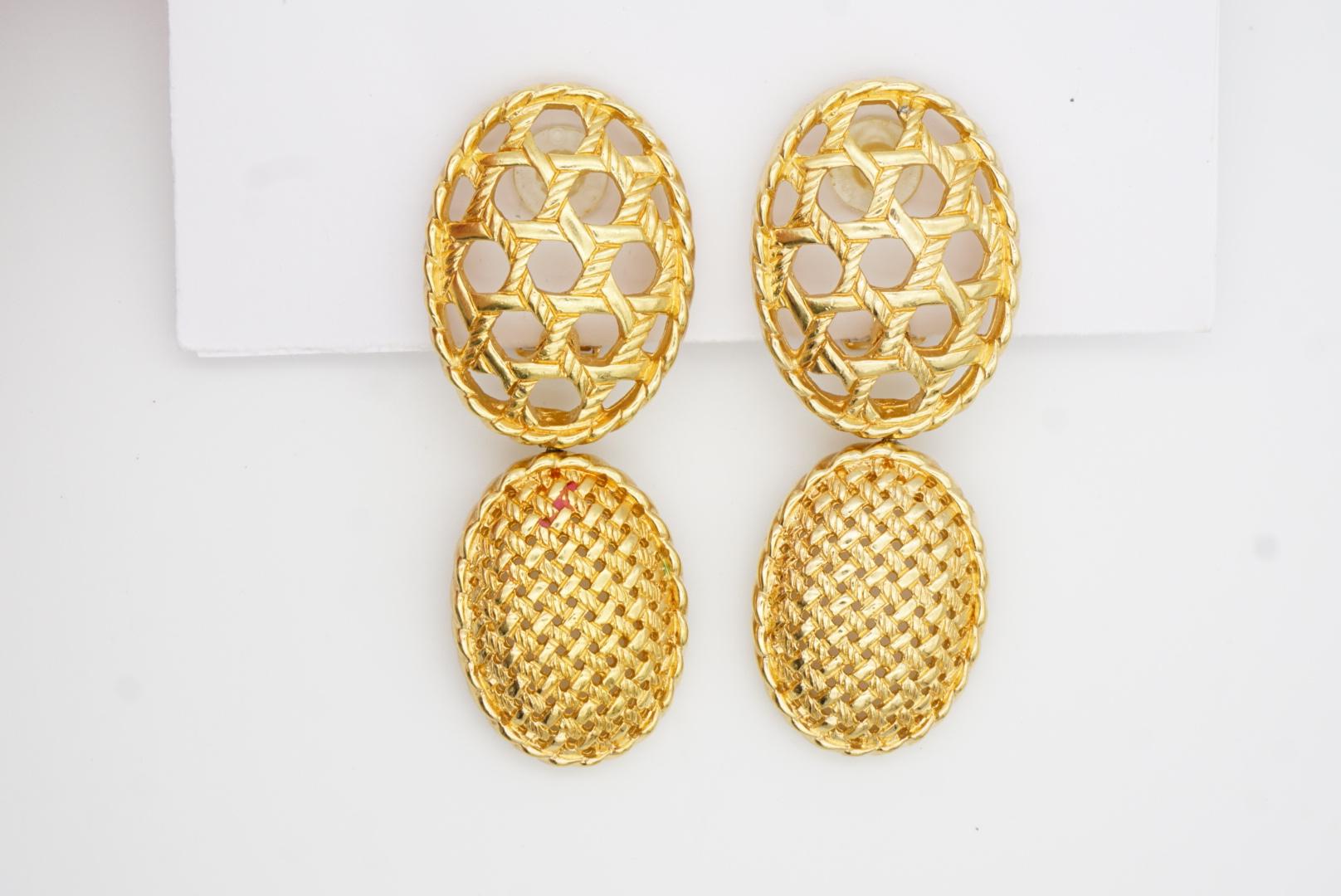 Christian Dior 1980 Vintage Double Oval Mesh Openwork Chunky Drop Clip Earrings For Sale 4