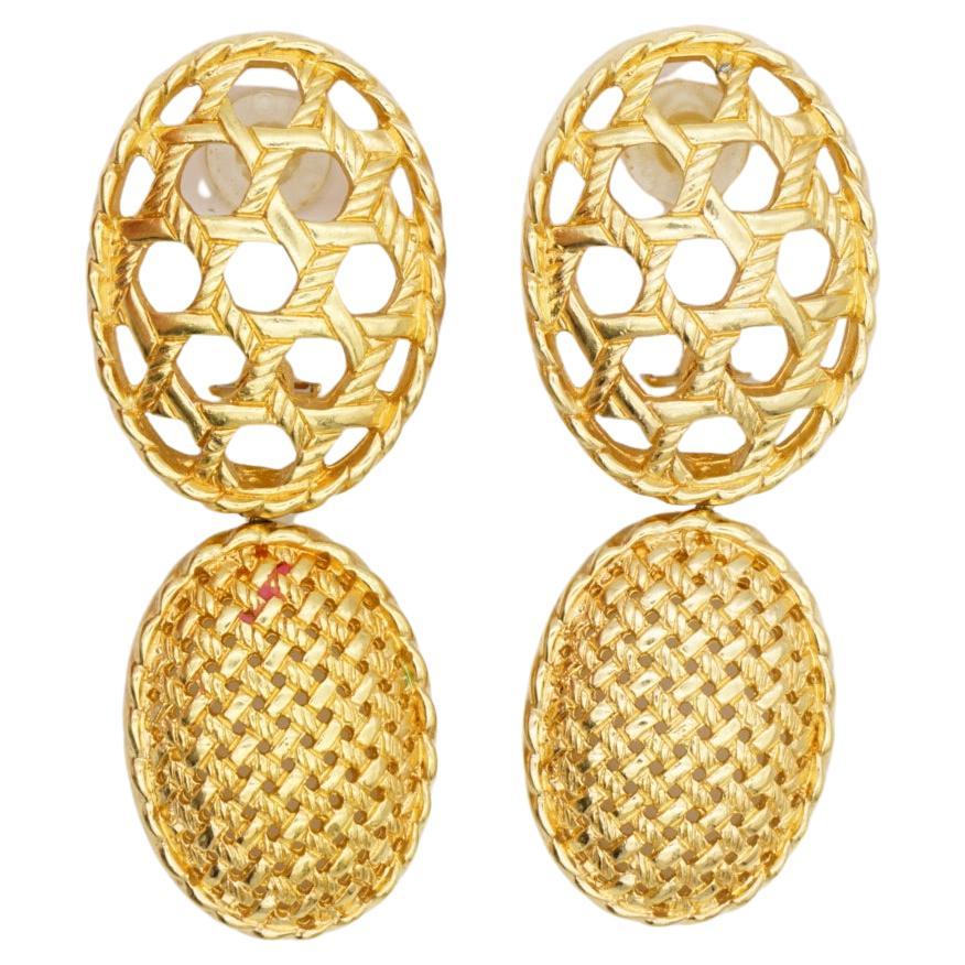 Christian Dior 1980 Vintage Double Oval Mesh Openwork Chunky Drop Clip Earrings For Sale