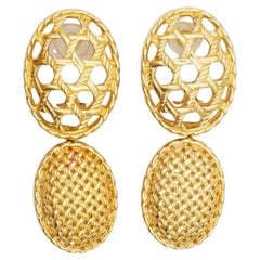 Christian Dior 1980 Used Double Oval Mesh Openwork Chunky Drop Clip Earrings