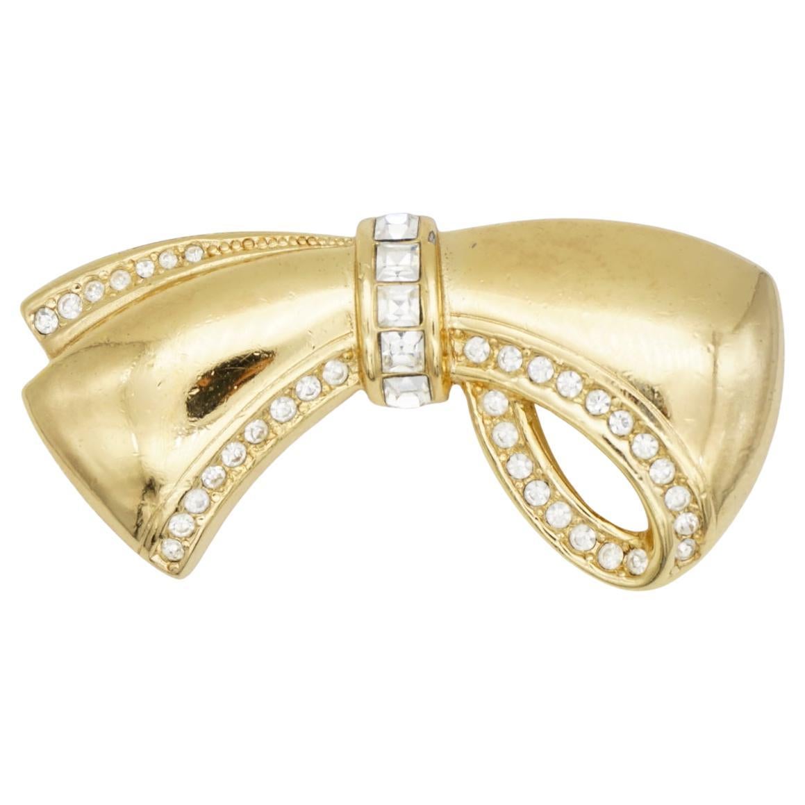 Christian Dior 1980 Vintage Large Glow Ribbon Knot Bow Crystals Openwork Brooch