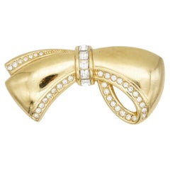 Christian Dior 1980 Vintage Large Gold Crystals Ribbon Knot Bow Openwork Brooch