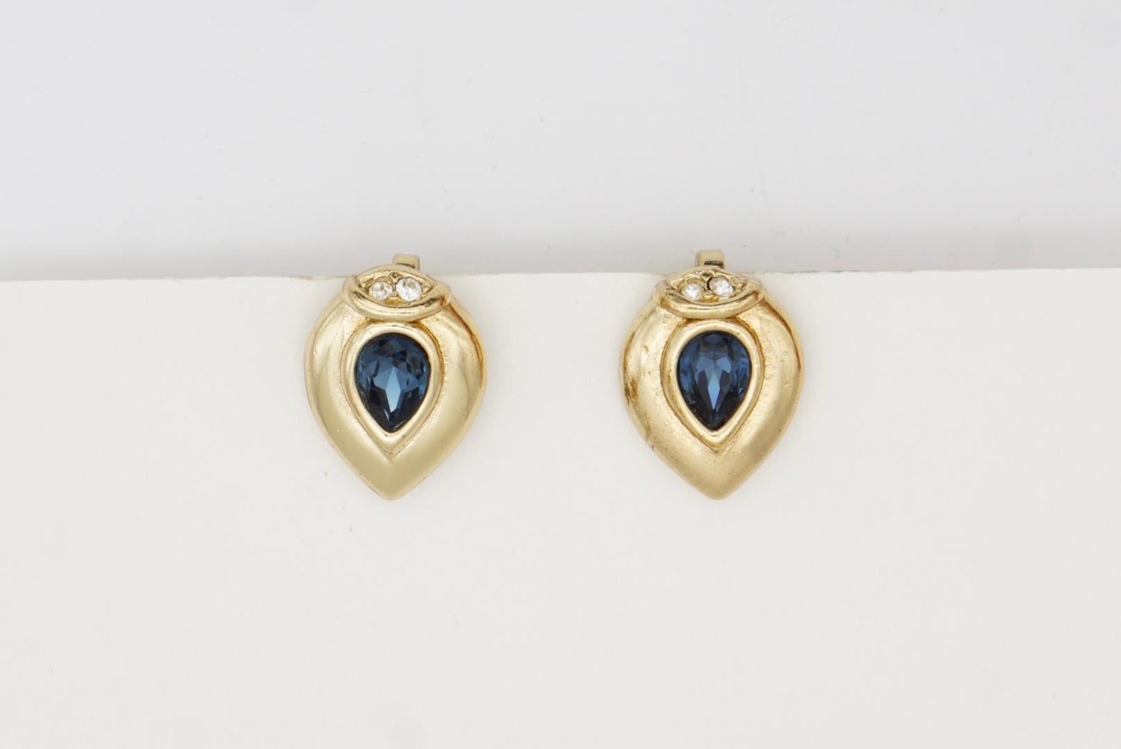 Christian Dior 1980 Vintage Sapphire Crystal Tear Water Drop Gold Clip Earrings For Sale 5