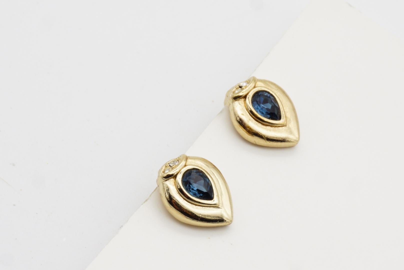 Christian Dior 1980 Vintage Sapphire Crystal Tear Water Drop Gold Clip Earrings For Sale 6