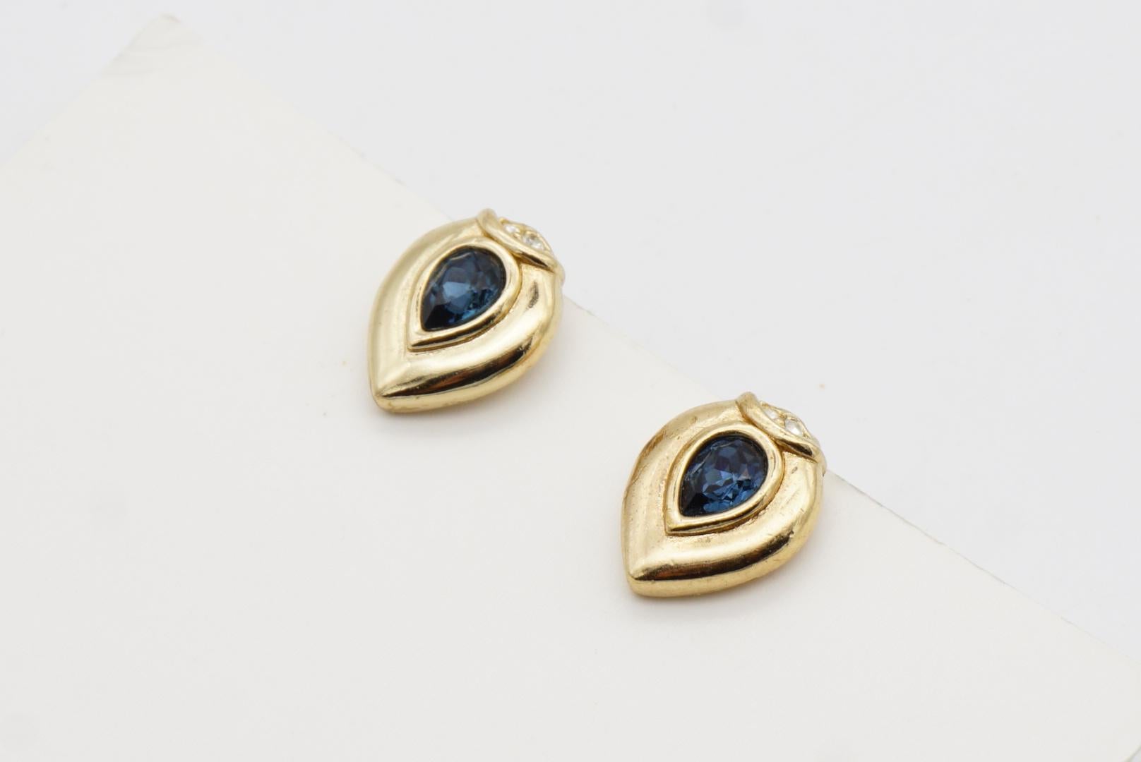 Christian Dior 1980 Vintage Sapphire Crystal Tear Water Drop Gold Clip Earrings For Sale 7