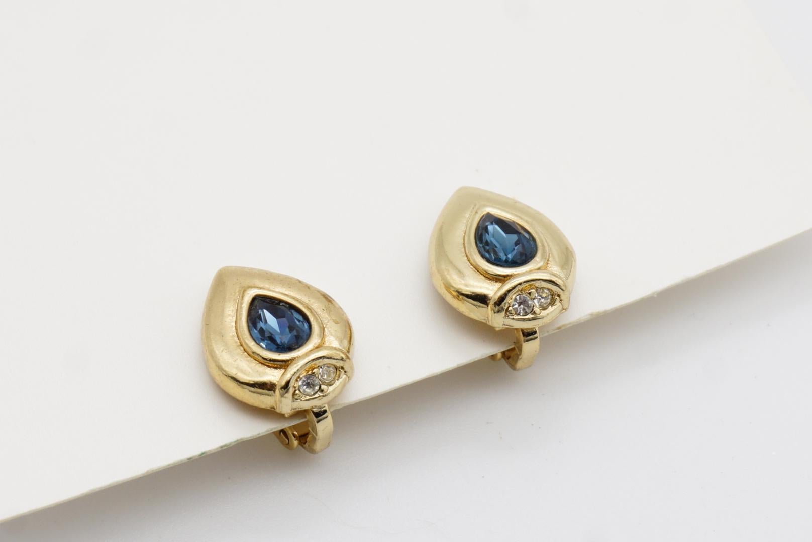 Christian Dior 1980 Vintage Sapphire Crystal Tear Water Drop Gold Clip Earrings For Sale 8