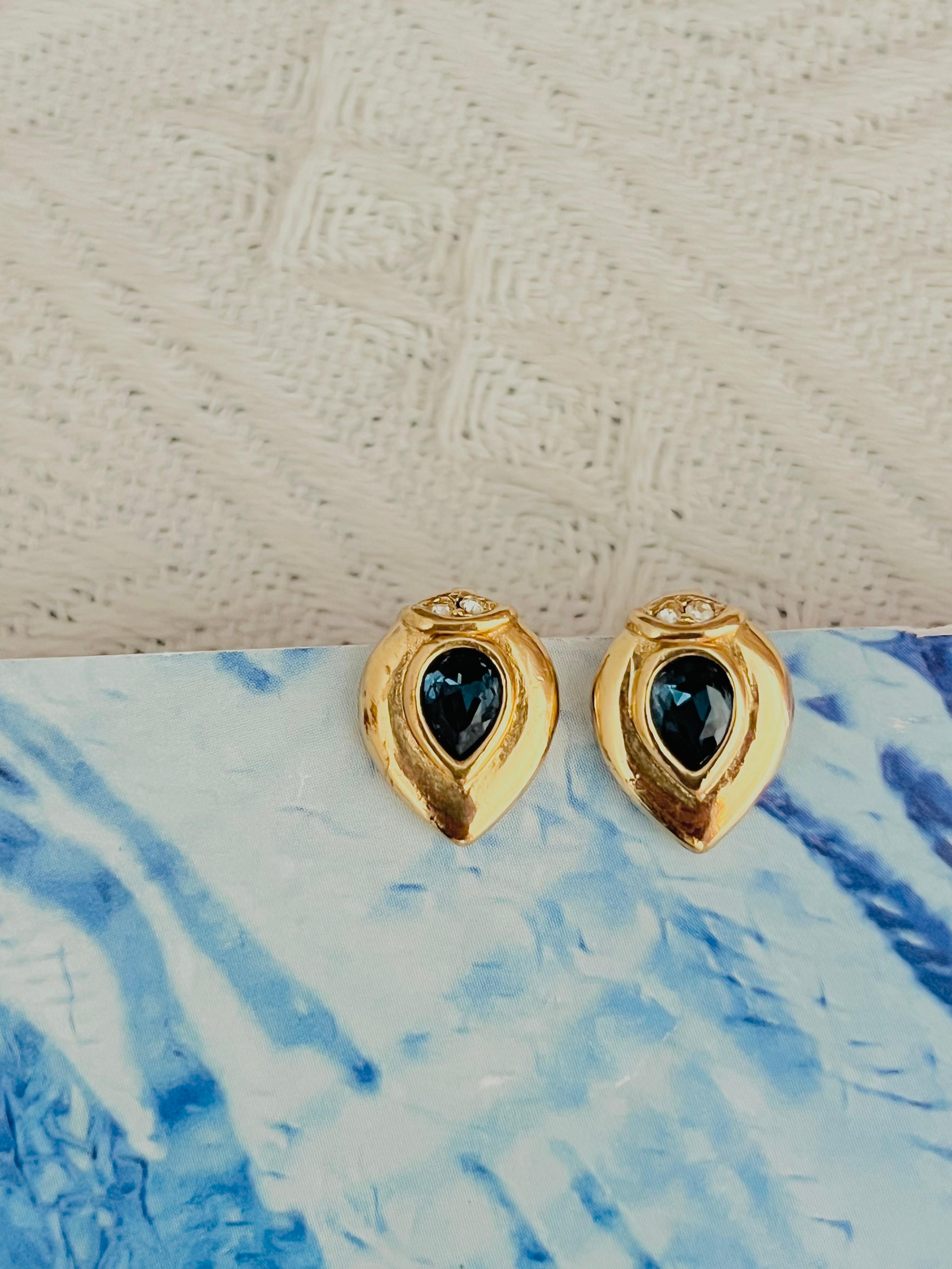 Art Deco Christian Dior 1980 Vintage Sapphire Crystal Tear Water Drop Gold Clip Earrings For Sale