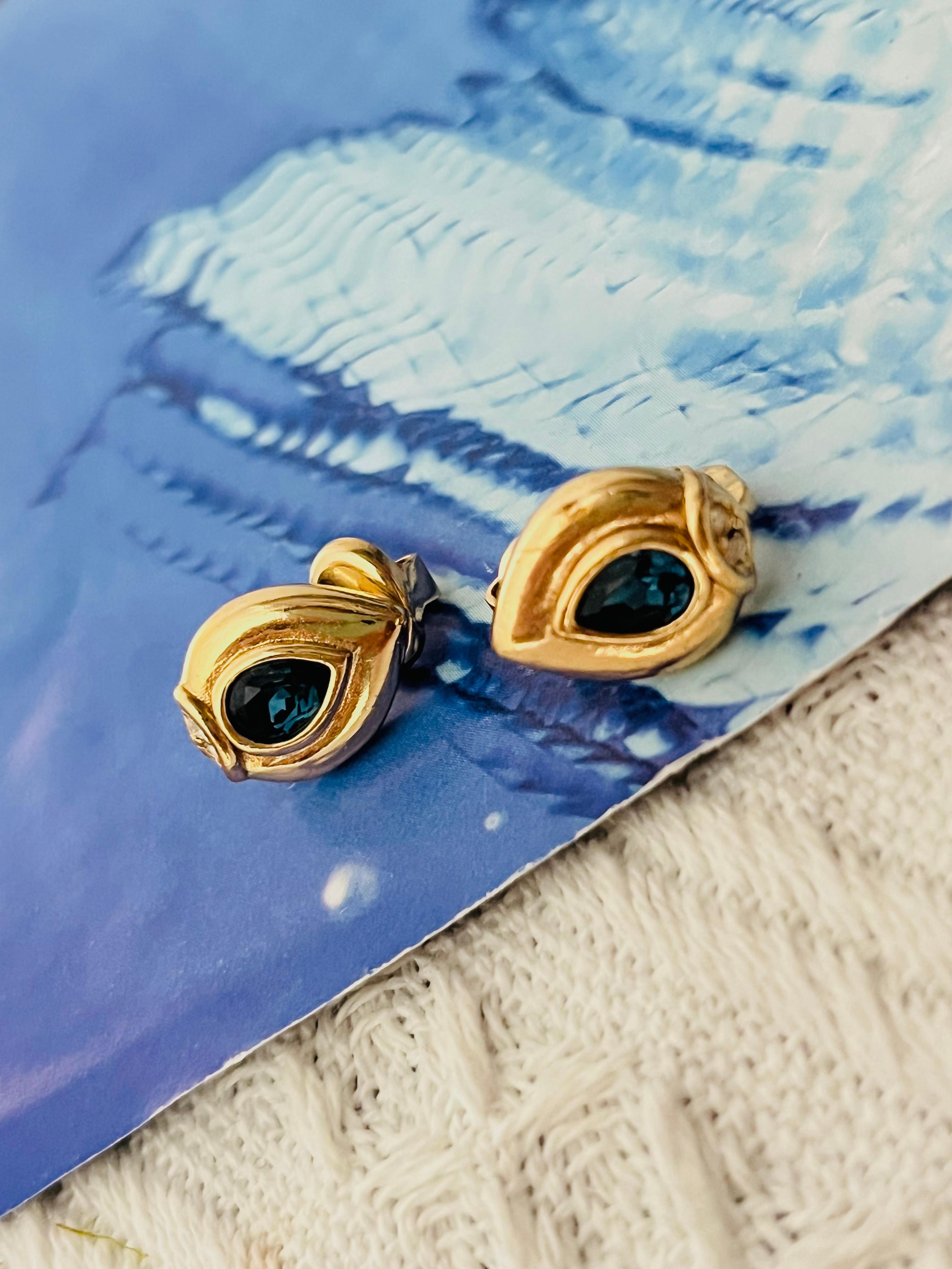 Women's or Men's Christian Dior 1980 Vintage Sapphire Crystal Tear Water Drop Gold Clip Earrings For Sale
