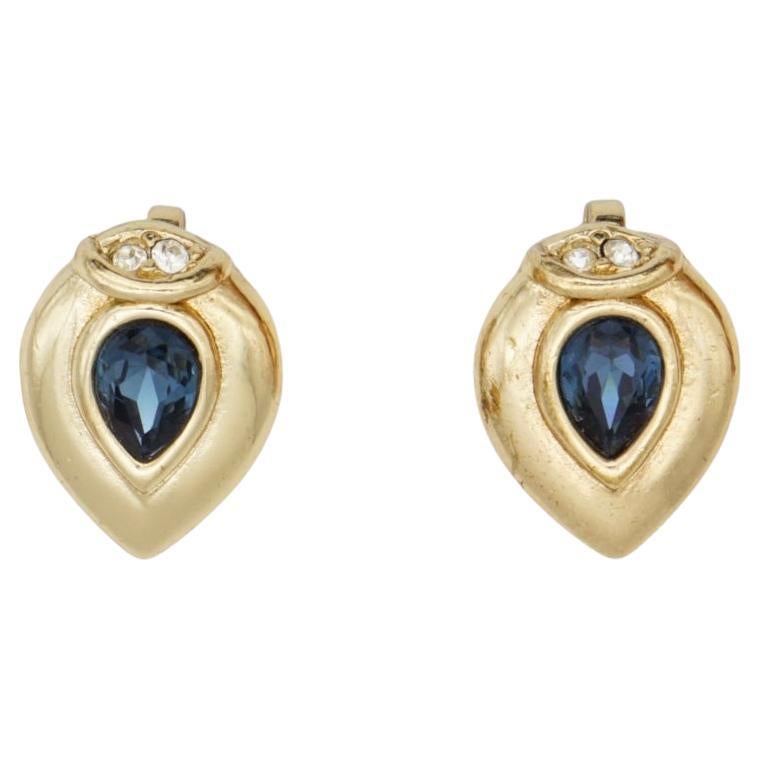 Christian Dior 1980 Vintage Sapphire Crystal Tear Water Drop Gold Clip Earrings For Sale