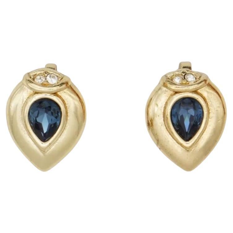 Christian Dior 1980 Vintage Zafiro Cristal Lágrima Gota de Agua Pendientes de Oro con Clip