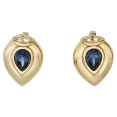 Christian Dior 1980 Vintage Sapphire Crystal Tear Water Drop Gold Clip Earrings