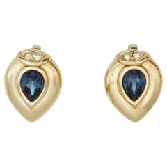 Christian Dior 1980 Vintage Sapphire Crystals Water Drop Tear Gold Clip Earrings