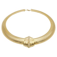 Christian Dior 1980 Vintage Shell Fan Crystal Omega Wide Ribbed Chunky Necklace