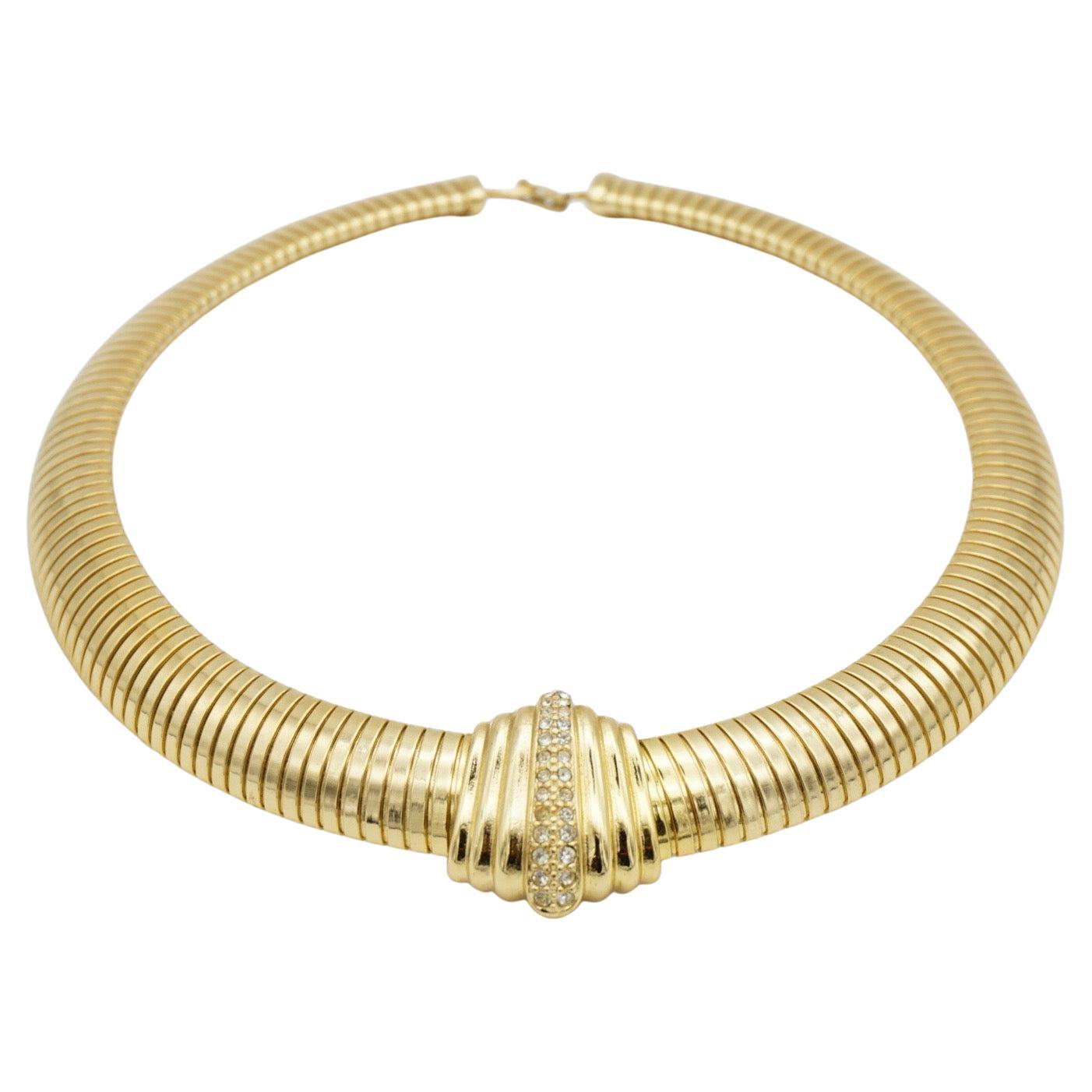 Christian Dior 1980 Vintage Shell Fan Crystal Omega Wide Ribbed Chunky Necklace For Sale